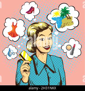 Frau mit Kreditkarte Vektor-Illustration im Retro-Pop-Art-Stil. Einkaufen mit Bankkarten Konzept Stock Vektor