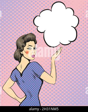 Pop Art Retro-Stil Frau Punkt Hand Zeichen mit Sprechblase. Comic Design Vektor Illustration Stock Vektor