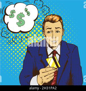 Mann mit Kreditkarte Vektor-Illustration im Retro-Pop-Art-Stil. Einkaufen mit Bankkarten Konzept Stock Vektor
