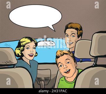 Familie, die im Auto sitzt und zurückschaut. Vektor-Illustration im Pop-Art-Stil, Retro-Comic. Stock Vektor