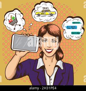 Schöne Frau mit Smartphone Comic Pop Art Vektor Illustration. Mädchen hält großes Smartphone in der Hand Stock Vektor
