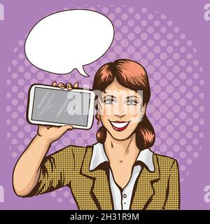 Schöne Frau mit Smartphone Comic Pop Art Vektor Illustration. Stock Vektor