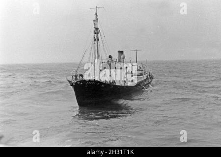 Das Fangboot' Treff VI' vom Mutterschiff "Jan Wellem" der deutschen Walfangflotte in der Arktis, 1930er Jahre. Walfang Boot "Treff VI' von Mutter Schiff "Jan Wellem" des Deutschen Walfangflotte im Arktischen Meer, 1930er Jahre. Stockfoto