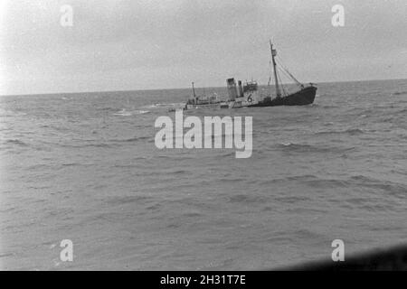 Das Fangboot' Treff VI' vom Mutterschiff "Jan Wellem" der deutschen Walfangflotte in der Arktis, 1930er Jahre. Walfang Boot "Treff VI' von Mutter Schiff "Jan Wellem" des Deutschen Walfangflotte im Arktischen Meer, 1930er Jahre. Stockfoto