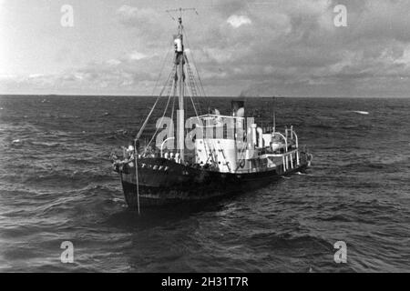 Das Fangboot' Treff V' vom Mutterschiff "Jan Wellem" der deutschen Walfangflotte in der Antarktis, 1930er Jahre. Walfang Boot "Treff V' von Mutter Schiff "Jan Wellem" des Deutschen walfangflotte an der antarktischen Meer, 1930er Jahre. Stockfoto