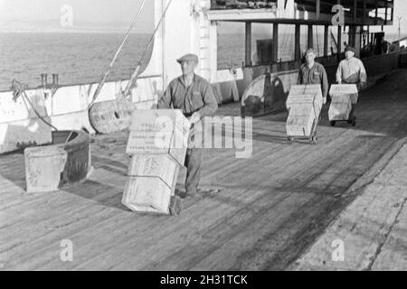 Die Männer des Fabrikschiffs "Jan Wellem" bei ihrer Arbeit ein Deck, 1930er Jahre. Die Crew der Fabrik Schiff "Jan Wellem" Arbeiten an Deck, 1930er Jahre. Stockfoto