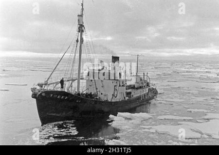 Fangboot' Treff V' der deutschen Walfangflotte im Eismeer der Antarktis, 1930er Jahre. Walfang Boot "Treff V" des Deutschen Walfangflotte auf der antarktischen Meer, 1930er Jahre. Stockfoto