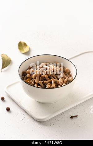 Eingelegte Honigpilze in einer Schüssel und ein Glas auf weißem Hintergrund. Nahaufnahme. Speicherplatz kopieren. Stockfoto