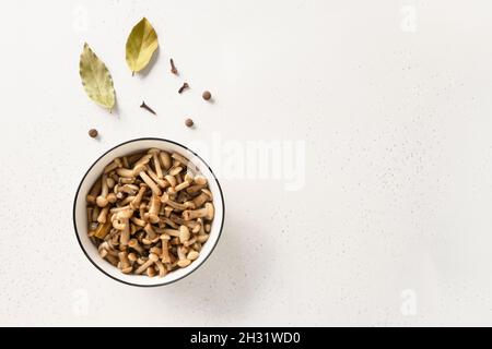 Eingelegte Honigpilze in Schüssel auf weißem Hintergrund. Draufsicht. Speicherplatz kopieren. Stockfoto