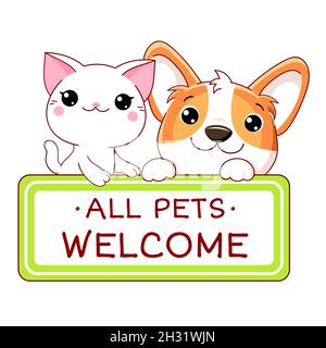 Kawaii Corgi Welpe und Kitty mit tierfreundlichen Vektor-Label. Stempel oder Aufkleber mit haustierfreundlichem Text. Tierarztpraxis, Etikett, Aufkleber. Alle Beschriften Stock Vektor