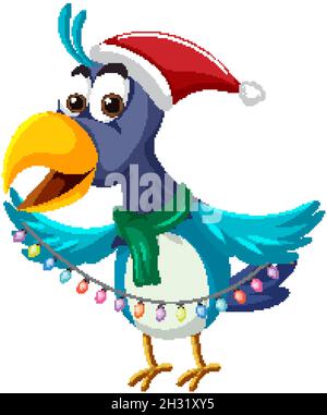 Blauer Vogel trägt Weihnachtshut Cartoon Figur Illustration Stock Vektor