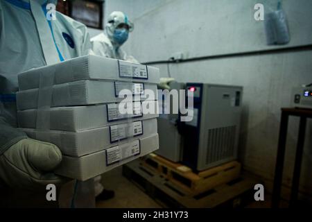 Kathmandu, Bagmati, Nepal. Oktober 2021. Sanitäter, die in persönlicher Schutzausrüstung aufgesetzt wurden, laden den von den USA gespendeten Pfizer Anti-COVID-Impfstoff am Montag in einen Kühlschrank in einer lokalen Lagereinrichtung in Kathmandu. Nepal erhielt eine Tranche von 100,620 Dosen des Pfizer-Impfstoffs, der zur Impfung der Jugendlichen Bevölkerung mit längeren Gesundheitszuständen verwendet werden sollte. DIE USA hatten Anfang Juli auch mehr als eine Million Dosen J&J-Impfstoff an die Himalayan Nation gespendet. Quelle: Amit Machamasi/ZUMA Wire/Alamy Live News Stockfoto