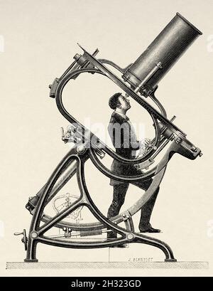 Kurzfokussenteleskop, von M. Jaubert. Paris, Astronomisches Observatorium Trocadero. Alte, gravierte Illustration aus dem 19. Jahrhundert von La Ilustración Artística 1882 Stockfoto