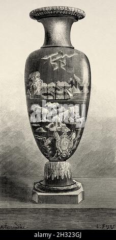 Vase zur Erinnerung an die Reise von Dr. Nils Adolf Erik Nordenskiold (1832-1901) war Aristokrat, Geologe, Mineralogen und Entdecker der finnisch-schwedischen Arktis. Er leitete die Vega-Expedition entlang der Nordküste Eurasiens in den Jahren 1878-1879. Alte, gravierte Illustration aus dem 19. Jahrhundert von La Ilustración Artística 1882 Stockfoto