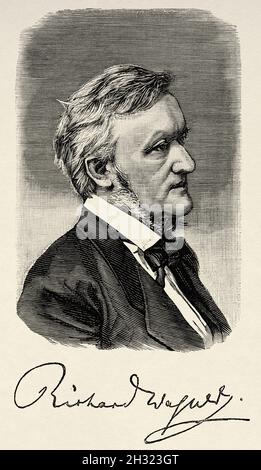 Porträt von Wilhelm Richard Wagner (1813-1883) war ein deutscher Komponist, Theaterdirektor, Polemiker und Dirigent, der vor allem für seine Opern bekannt ist. Alte, gravierte Illustration aus dem 19. Jahrhundert von La Ilustración Artística 1882 Stockfoto