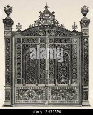 Eisernes Tor zum Haus des österreichischen Architekten Otto Koloman Wagner (1841-1918) Alte gravierte Illustration aus dem 19. Jahrhundert von La Ilustración Artística 1882 Stockfoto