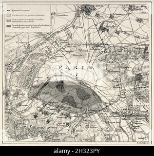 Karte von Paris bombardiert im Jahr 1871, Frankreich. Europa. Alte, gravierte Illustration aus dem 19. Jahrhundert von La Nature 1883 Stockfoto