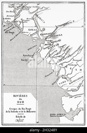 Teilkarte der südlichen Flüsse, der Flüsse Pongo, Dubreka und Mellacoree. Guinea-Bissau Afrika. Alte gravierte Illustration aus dem 19. Jahrhundert, Reise durch Senegambia und Portugiesisch-Guinea von Kapitän Henri Brossard-Faidherbe (1855-1893) aus Le Tour du Monde 1889 Stockfoto