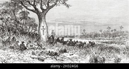 Lager des Kreuzes. Der Fluss Paraguay. Paraguay, Südamerika. Alte eingravierte Illustration aus dem 19. Jahrhundert, Expedition zum Pilcomayo-Delta des französischen Entdeckers Emile Arthur Thouar aus Le Tour du Monde 1889 Stockfoto