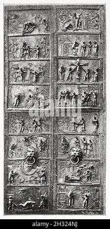 Kathedrale der Heiligen Maria. Kuppelkirche Bronzetüren aus dem Jahr 1015, Hildesheim, Niedersachsen. Deutschland, Europa. Alte gravierte Illustration aus dem 19. Jahrhundert, Reise nach Hildesheim durch E del Monte 1888 von Le Tour du Monde 1889 Stockfoto