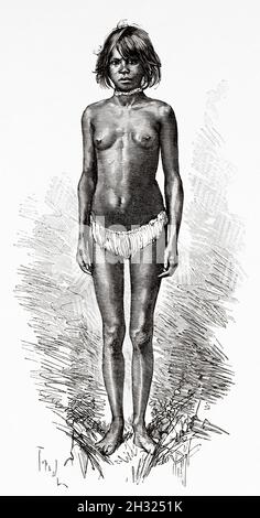 Junge australische Ureinwohner aus dem Kelani River. Queensland, Australien. Alte gravierte Illustration aus dem 19. Jahrhundert, Reise nach Nordostaustralien von Carl Lumholtz 1880-1884 aus Le Tour du Monde 1889 Stockfoto