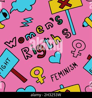 Nahtlose Muster Doodle Anzeichen von Feminismus, Frauenrechte. Grunge handgezeichnete Vektor-Ikonen des Feminismus Protestsymbole Eine Kundgebung, um für die Abstimmung zu kämpfen Stock Vektor