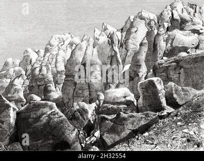 Les Bossons-Gletscher, Mont-Blanc-Massiv. Chamonix & Mont Blanc, Region Rhone Alpes, Frankreich Europa. Alte gravierte Illustration aus dem 19. Jahrhundert, wissenschaftlicher Aufstieg zur Schutzhütte des Grands Mulets, Mont Blanc von Pierre Jules César Janssen (1824-1907) im Jahr 1888 von Le Tour du Monde 1889 Stockfoto