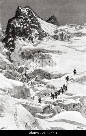 Die Passage der Kreuzung und die Grands Mulets, Mont Blanc Massiv. Chamonix & Mont Blanc, Region Rhone Alpes, Frankreich Europa. Alte gravierte Illustration aus dem 19. Jahrhundert, wissenschaftlicher Aufstieg zur Schutzhütte des Grands Mulets, Mont Blanc von Pierre Jules César Janssen (1824-1907) im Jahr 1888 von Le Tour du Monde 1889 Stockfoto