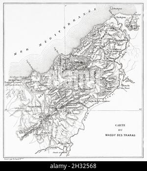 Karte des Traras-Gebirges, Nordwest-Algerien, Afrika. Alte eingravierte Illustration aus dem 19. Jahrhundert, sechs Monate mit dem Stamm der Traras Berber in Oran von Charles de Mauprix,1888 aus Le Tour du Monde 1889 Stockfoto