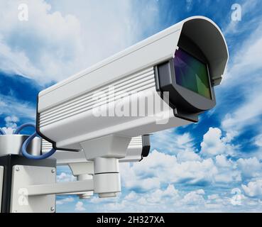 Sicherheitskameras auf der Stange auf blauem Himmel Hintergrund. 3D-Illustration. Stockfoto