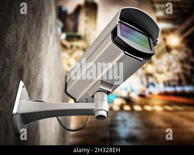 Sicherheitskamera, die an der Wand vor dem Hintergrund der Stadt hängt. 3D-Illustration. Stockfoto
