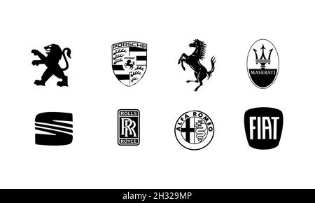 Logos von Automarken. VW, BMW, Audi, Mercedes, Lexus, Renault, Seat, Fiat, Renault, Opel, Ferrari, Jaguar, Kia, Ford, Toyota, Honda Stock Vektor