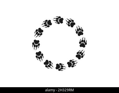 Runder Rahmen mit schwarzer Tiger-Spur. Icon isoliert auf Weiß. Vektorgrafik flach. Fußabdruck der wilden Bestie-Pfote, Trittstufe isoliert auf Weiß. Stock Vektor
