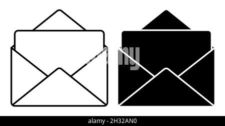Lineares Symbol. Festlicher Umschlag mit leerem weißen Blatt Papier im Inneren. Grußkarten und Briefe für Weihnachten und Valentinstag. Einfach schwarz und wh Stock Vektor