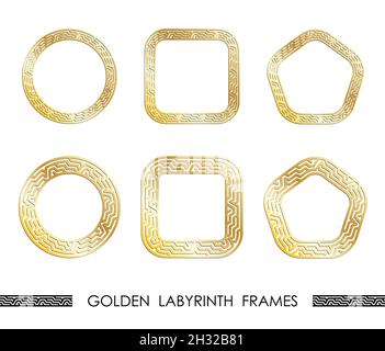 Set aus goldenen LABYRINTH-runden und quadratischen Rahmen für dekorative Header. Goldene antike griechische Ornamente isoliert auf weißem Hintergrund. Vektor Stock Vektor