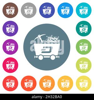 Dash Kryptowährung Mining mit Schatz flache weiße Symbole auf runden farbigen Hintergründen. 17 Farbvarianten im Hintergrund sind enthalten. Stock Vektor