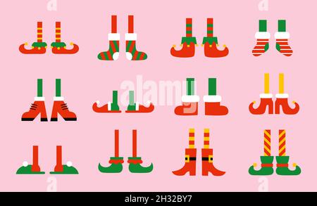 Schuhe und Stiefel für Elffüße. Helfer des Weihnachtsmannes. Vector Sammlung von niedlichen Cartoon Weihnachten Urlaub elf Füße und Beine. Isolierte Illustrationen Stock Vektor