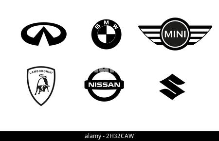 Logos von Automarken. VW, BMW, Audi, Mercedes, Lexus, Renault, Seat, Fiat, Renault, Opel, Ferrari, Jaguar, Kia, Ford, Toyota, Honda Stock Vektor