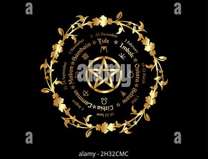 Gold Wheel of the Year ist ein jährlicher Zyklus saisonaler Feste. Wiccan Kalender und Feiertage. Kompass mit Pentagramm, Blumen, Blättern heidnisches Symbol Stock Vektor