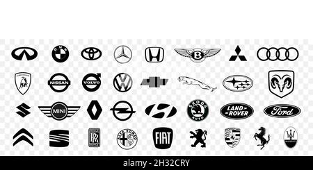 Logos von Automarken. VW, BMW, Audi, Mercedes, Lexus, Renault, Seat, Fiat, Renault, Opel, Ferrari, Jaguar, Kia, Ford, Toyota, Honda Stock Vektor