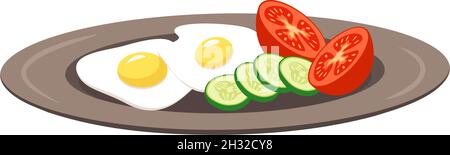 Symbol für Teller mit Rührei, Tomaten und Gurken in Scheiben. Gericht mit gesundem Frühstück und Gemüse. Vektorgrafik flach Stock Vektor