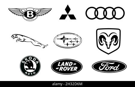 Logos von Automarken. VW, BMW, Audi, Mercedes, Lexus, Renault, Seat, Fiat, Renault, Opel, Ferrari, Jaguar, Kia, Ford, Toyota, Honda Stock Vektor