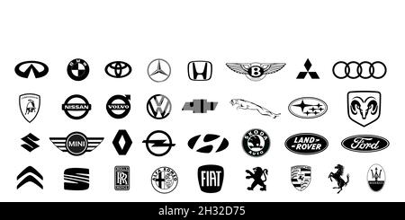 Logos von Automarken. VW, BMW, Audi, Mercedes, Lexus, Renault, Seat, Fiat, Renault, Opel, Ferrari, Jaguar, Kia, Ford, Toyota, Honda Stock Vektor