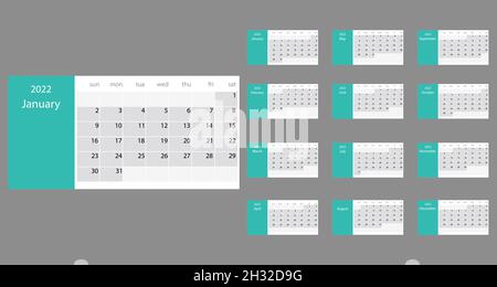 2022 Jahre, Kalender. Vektorgrafik. Die Wochen beginnen am Sonntag. Stock Vektor