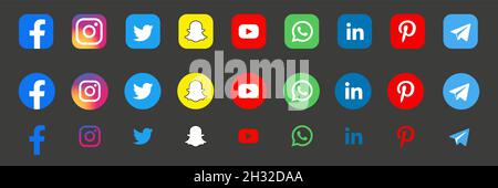 Facebook, twitter, instagram, youtube, snapchat, pinterest, whatsap, linkedin, Periscope, vimeo - Sammlung beliebter Social-Media-Logos. Stock Vektor