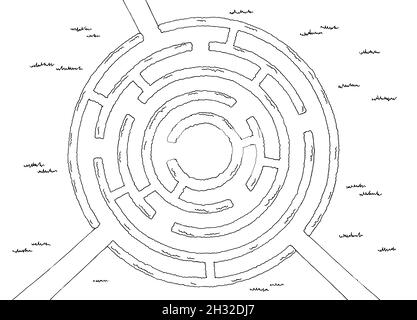 Garten Labyrinth Busch Grafik rund schwarz weiß Skizze oben Luftaufnahme Illustration Vektor Stock Vektor