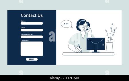 Kontaktformular. Kundenservice-Seite, Online-Support und Lösungsfindung. Helpdesk, Callcenter-Mitarbeiter in Kopfhörern auf Laptop, aktuelles Vektorbanner Stock Vektor