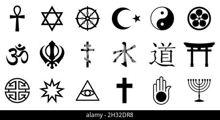 Religiöse Symbole. Set von verschiedenen religiösen Ikonen auf weißem Hintergrund. Schwarze religiöse Ikonen. Vektorgrafik. Stock Vektor