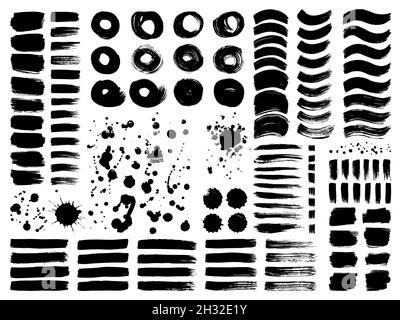 Isolierte Pinselstrich-Kollektion. Schwarze Striche Schilder, Freihand malen Kratzformen. Kreativ bemalte Spritzer, Stempel und Abstriche. Tintenlinien sind schwülig Stock Vektor