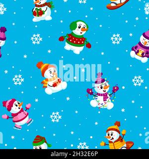 Weihnachten Schneemann Muster. Winterferien, Schneeflocken und niedliche Charaktere. Weihnachten Geschenkpapier Druck, glücklich neues Jahr grellen Vektor nahtlose Textur Stock Vektor